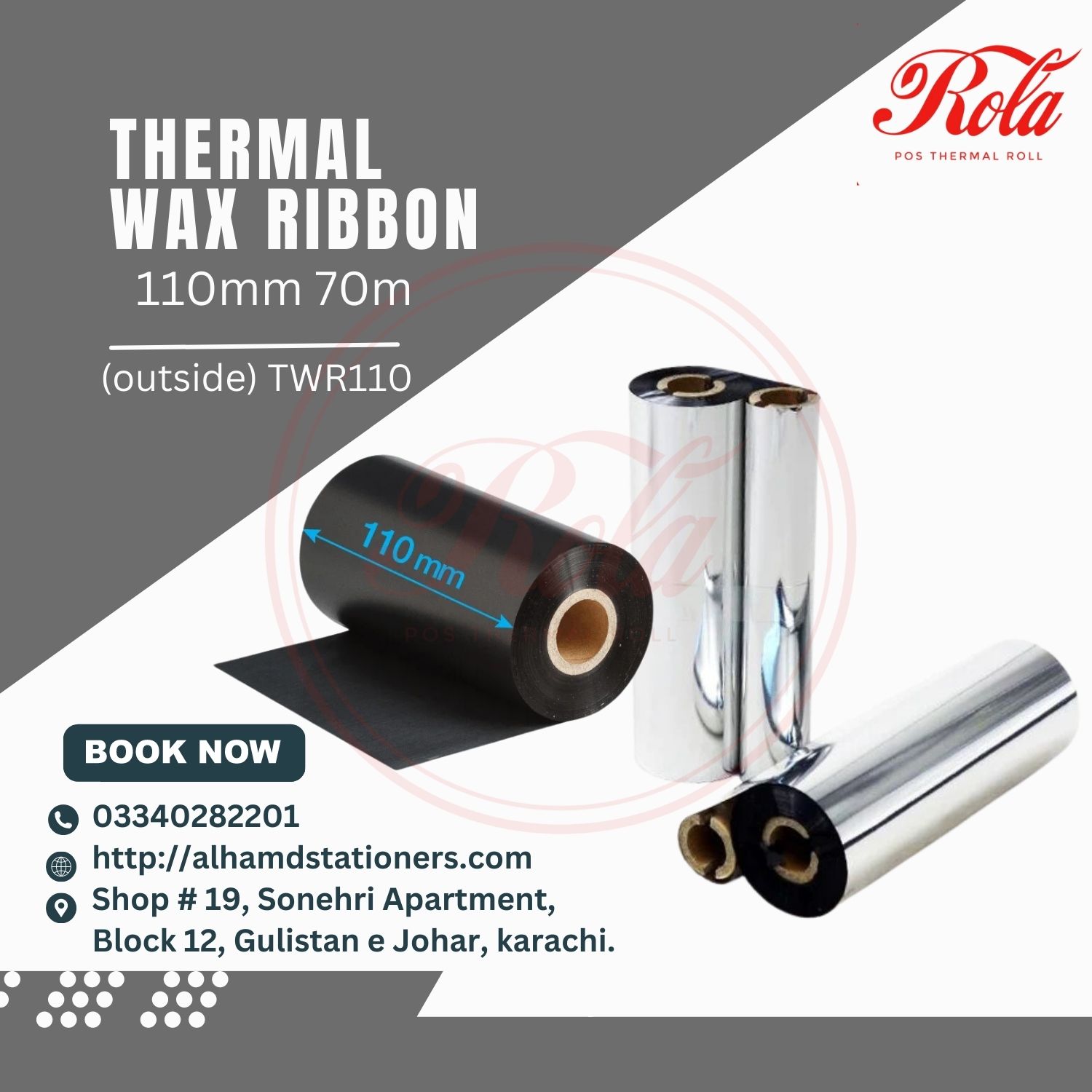 Rola - Thermal Wax Ribbon 110mm 70m (outside) TWR110