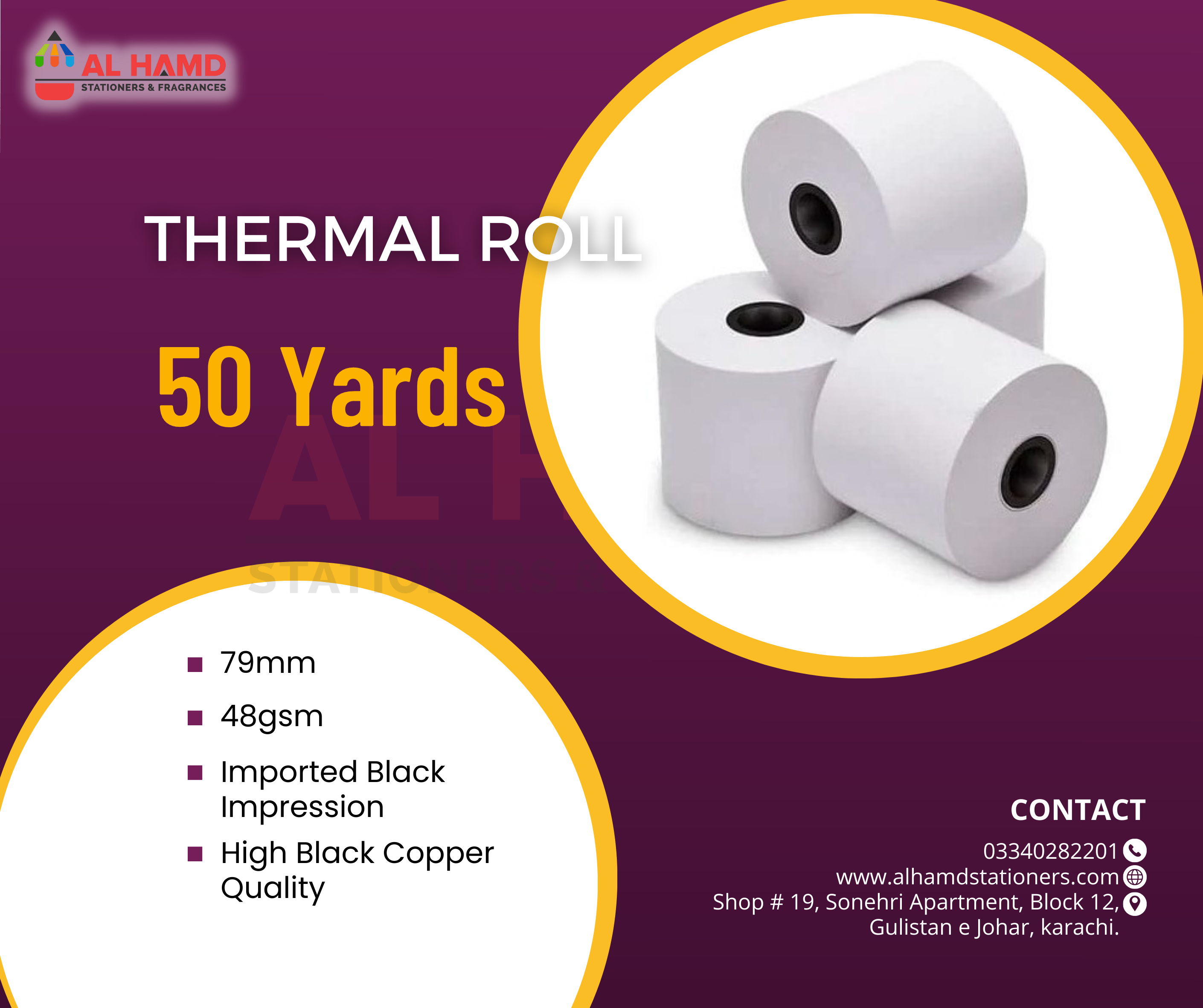 Thermal Paper Roll 79mm 50Yards 48gsm (Imported Black Impression) High Black Copper Quality TR7950y